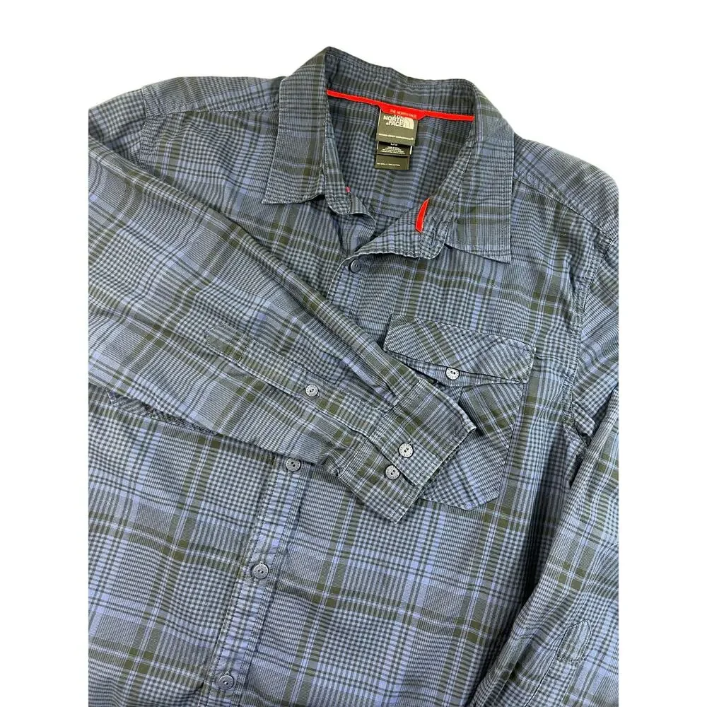 The North Face Mens Button Up Shirt L Long Sleeve Pocket Plaid Flannel Dark Blue